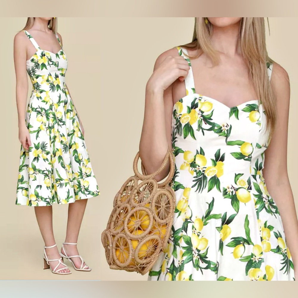 Avec Les Filles White and Yellow Lemon Print Midi Dress size 6